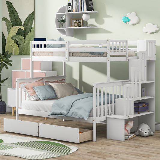 Convertible Twin Over Full Bunk Bed with Staircase and Drawers - White Wood Twin-Size Loft Bed