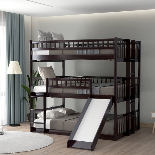 Espresso Full Triple Bunk Bed with Slide and Convertible Built-in Ladder