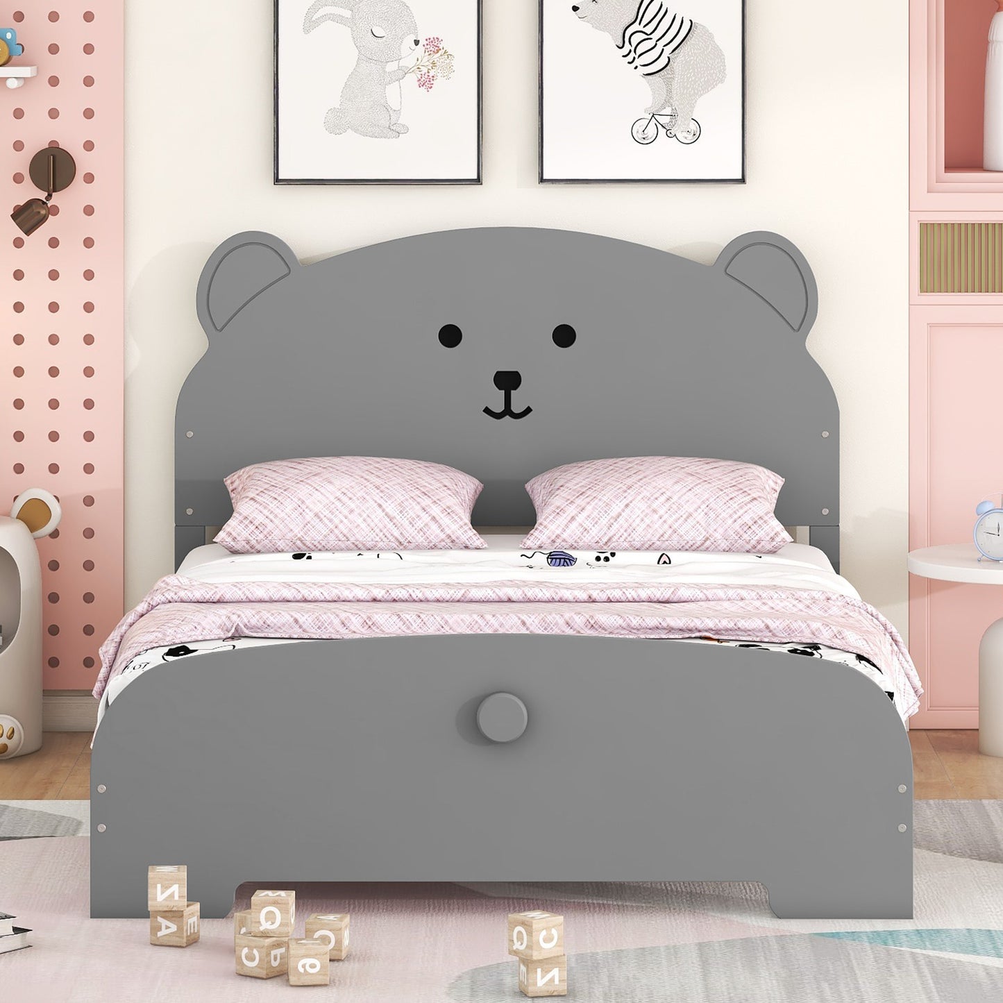 Full Size Wood Platform Bed with Bear-shaped Headboard and Footboard,Gray