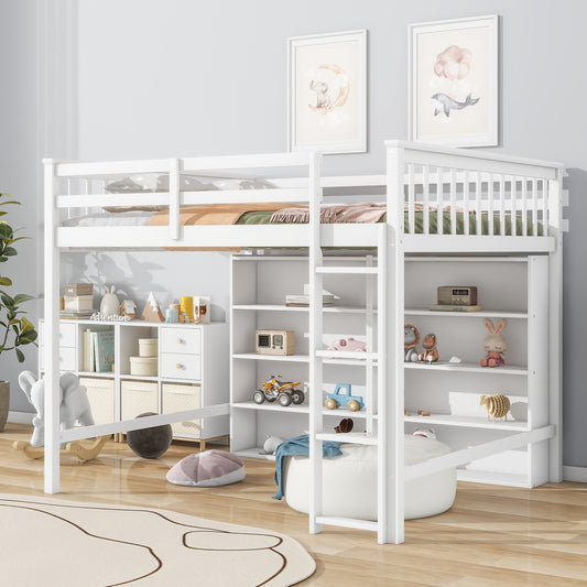 Full Size Loft Bed with 8 Open Storage Shelves and Built-in Ladder, White(Expected Arrival Time:1.5)