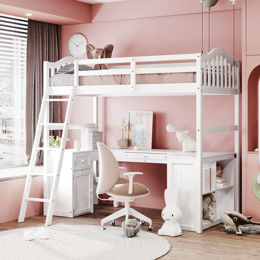 Twin size Loft Bed with Drawers, Cabinet, Shelves and Desk, Wooden Loft Bed with Desk - White( :LT000505AAK)