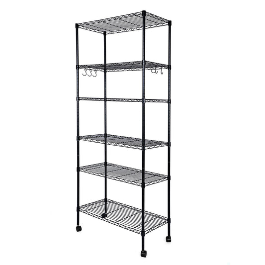 Heavy Duty 6-Shelf Shelving with Wheels, with Hanging Hooks, Wire Shelving, Adjustable Storage Units, 17'' D x 11'' W x 63'' H, 6 Tier, Black