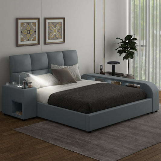 Queen Size Upholstered Platform Bed with Multimedia Nightstand and Storage Shelves, Gray