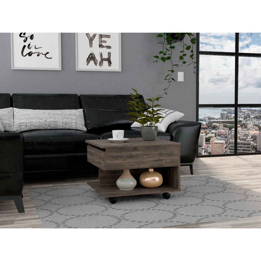 Elegant Dark Brown Coffee Table with Lift Top and Casters