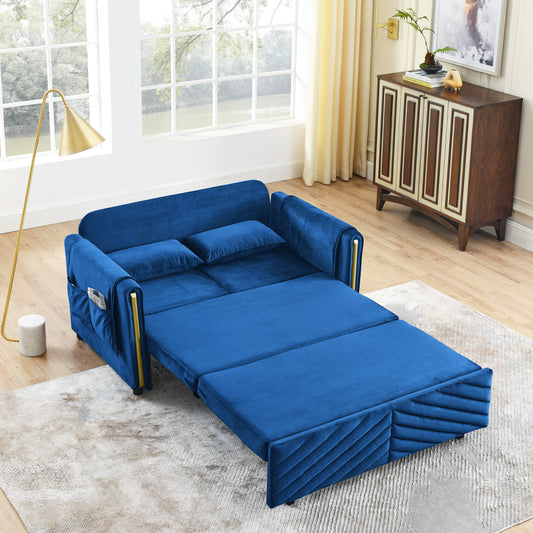 Luxury 3-in-1 Convertible Sleeper Sofa Bed Couch, 55" Pull Out Couch for Living Room, Multi-Functional Navy Blue Velvet Loveseat Futon Bed with 2 Pillows and Storage Bags