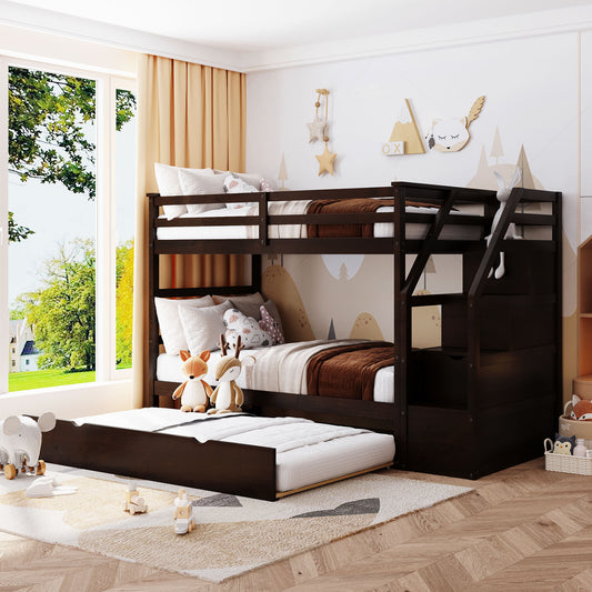 Elegantly Functional Espresso Twin Bunk Bed with Trundle, Stairs, and Storage