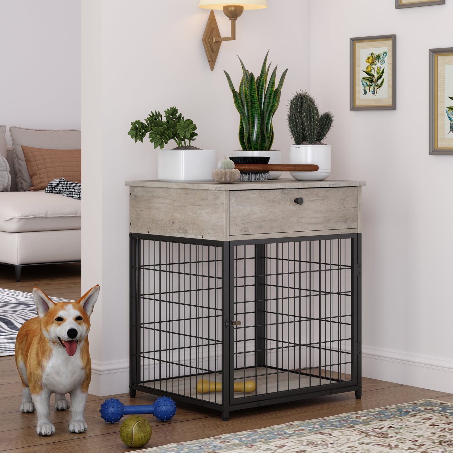 Furniture Style Wood Dog Crate End Table with Storage Console. Grey, 19.69'' W x 22.83'' D x 26.97'' H.