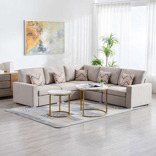 Nolan Beige Linen Fabric 5-Piece Reversible Sectional Sofa Set with Accent Pillows and Customizable Legs