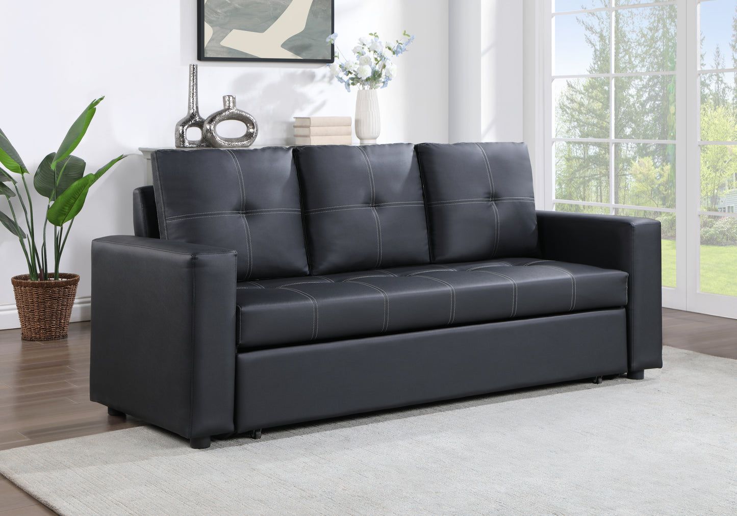 Aiden Black PU Leather Sleeper Sofa with Tufting