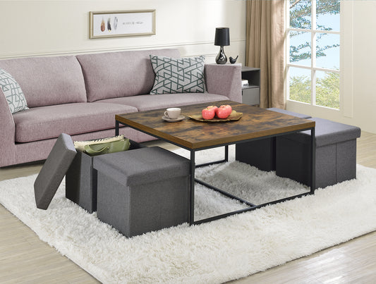 Caitlin Weathered Oak 5-Piece Coffee Table Set with Storage Stools