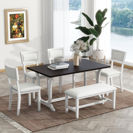 Farmhouse 6-Piece Trestle Dining Table Set with Upholstered Dining Chairs and Bench, 59inch, White