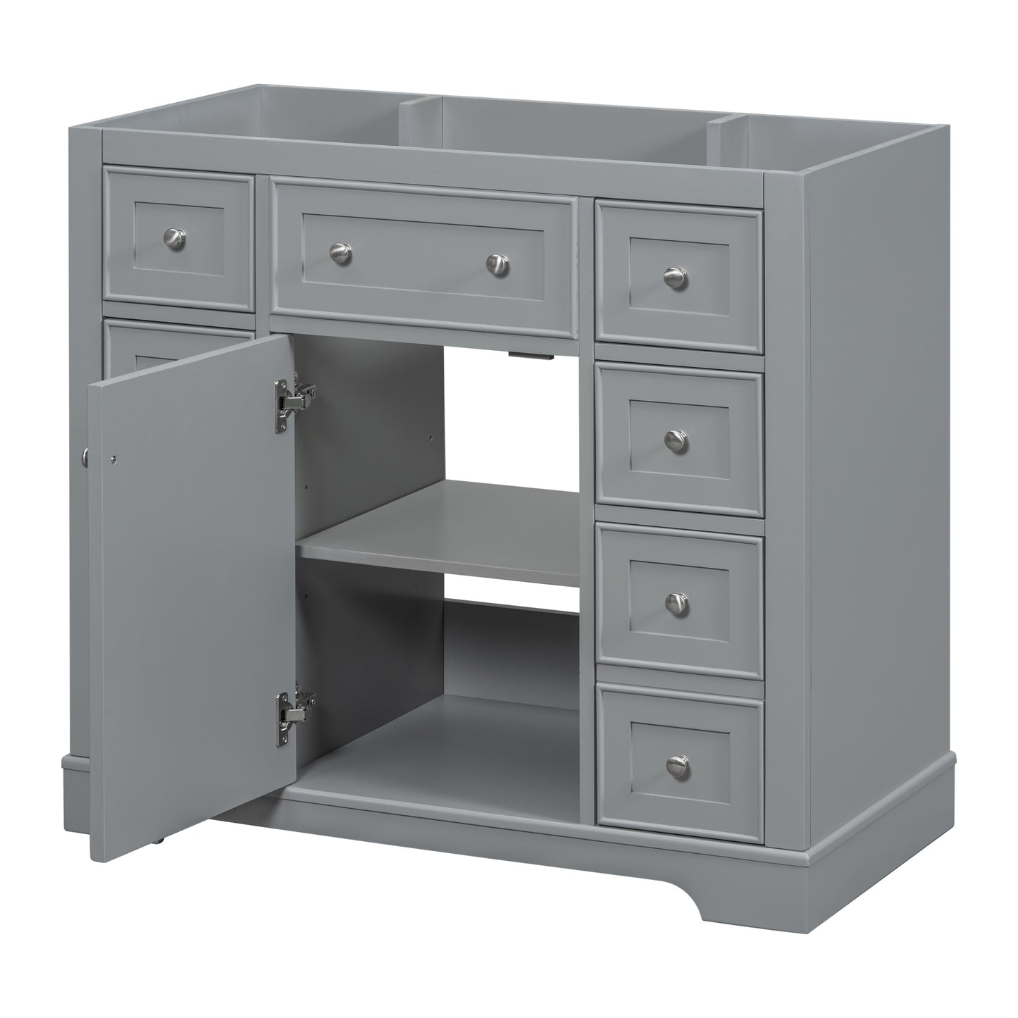 36" Bathroom Vanity without Sink, Cabinet Base Only, One Cabinet and Six Drawers, Grey