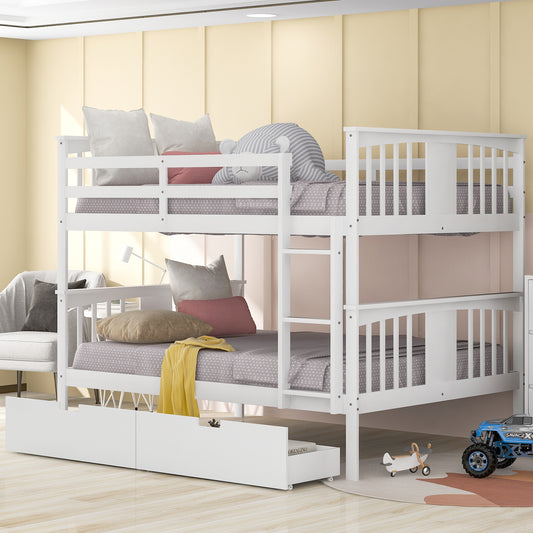 Elegant White Full Over Full Bunk Bed with Storage and Safety Features