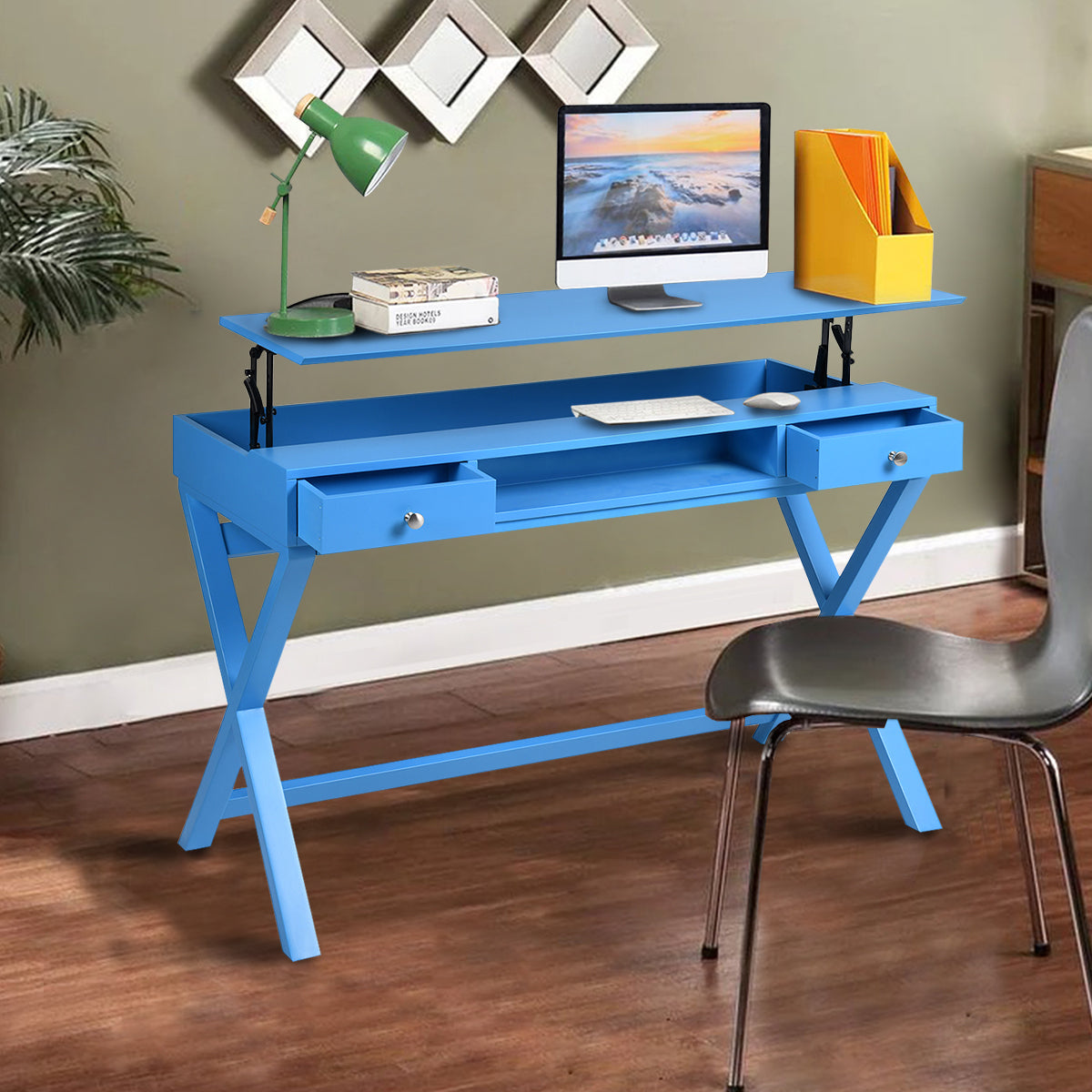 Height-Adjustable Blue Desk with 2 Drawers and Lift-Up Top