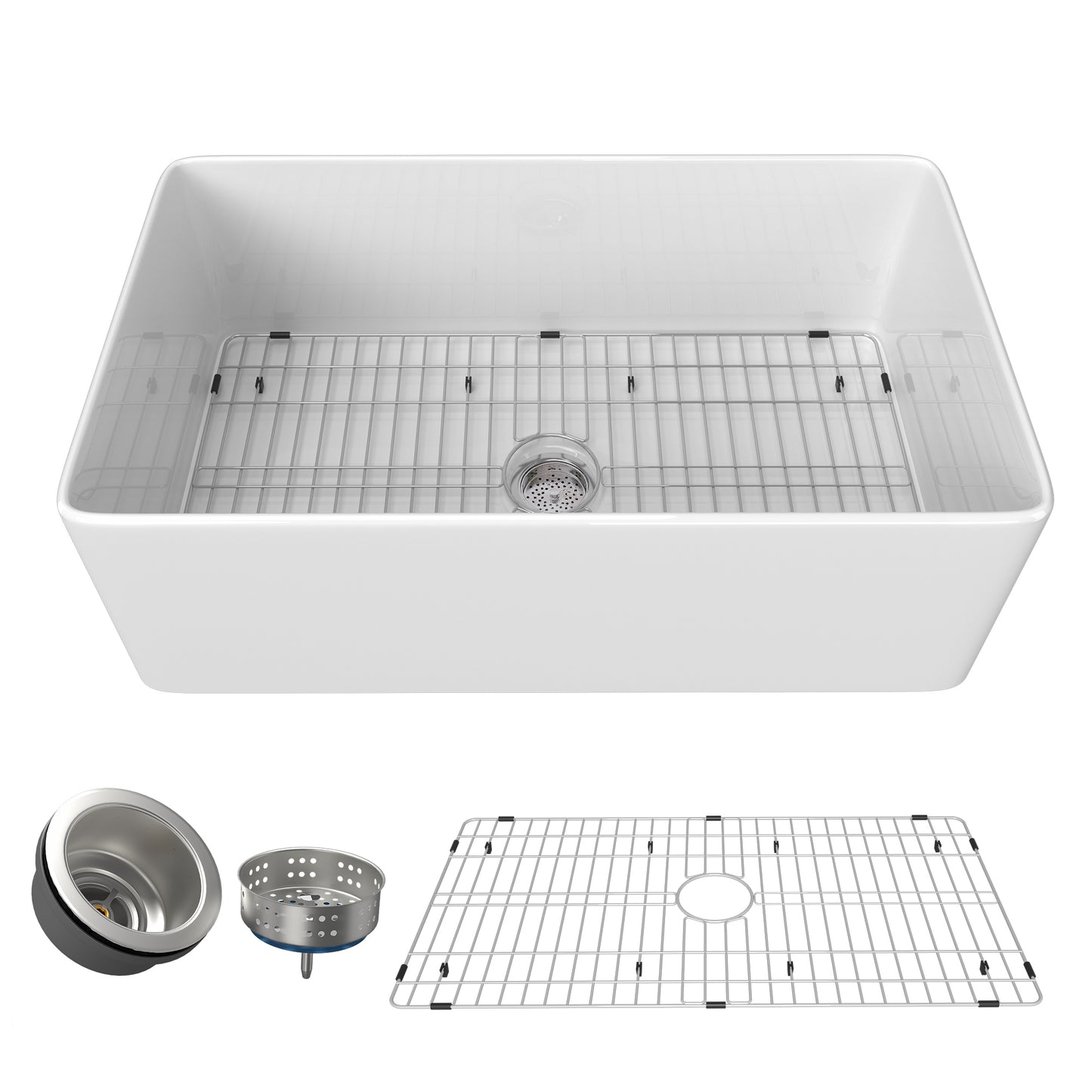 36 Inch Glossy White Fireclay Farmhouse Kitchen Sink with Bottom Grid and Drain