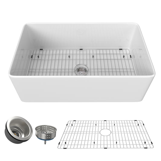 36 Inch Glossy White Fireclay Farmhouse Kitchen Sink with Bottom Grid and Drain