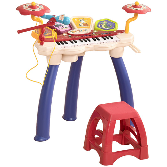 Qaba 2 in 1 Kids Piano Keyboard with Drum Set, 32-Key Electronic Musical Instrument with Multiple Sounds, Lights, Microphone, Stool, MP3, U-disk, Auto-Hibernation Function for Girls & Boys