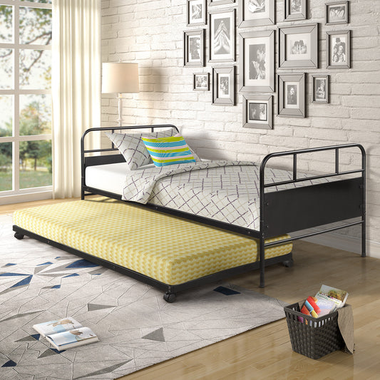 Metal Daybed Platform Bed Frame with Trundle Built-in Casters, Twin Size