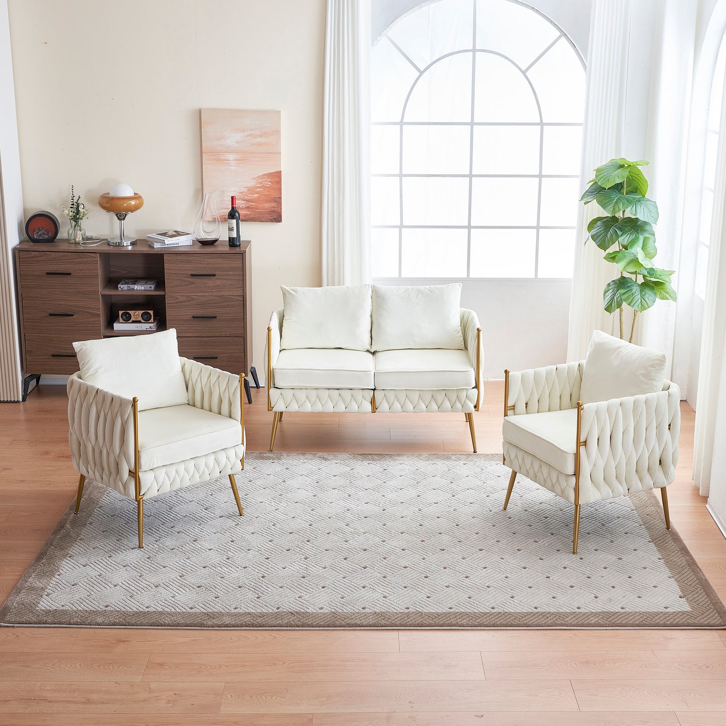 Comfy Handmade Bucket Woven Fluffy Tufted Upholstered Sofa Set Living Room, 2 Accent Chair and 1 Two Seater Sofa , Cream White Velvet