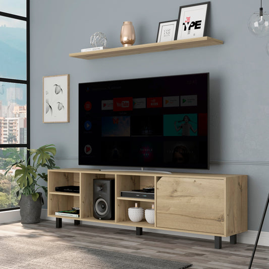 Valdivia TV Stand with Four Open Shelves and Five Legs in Light Oak Finish for TVs up to 70