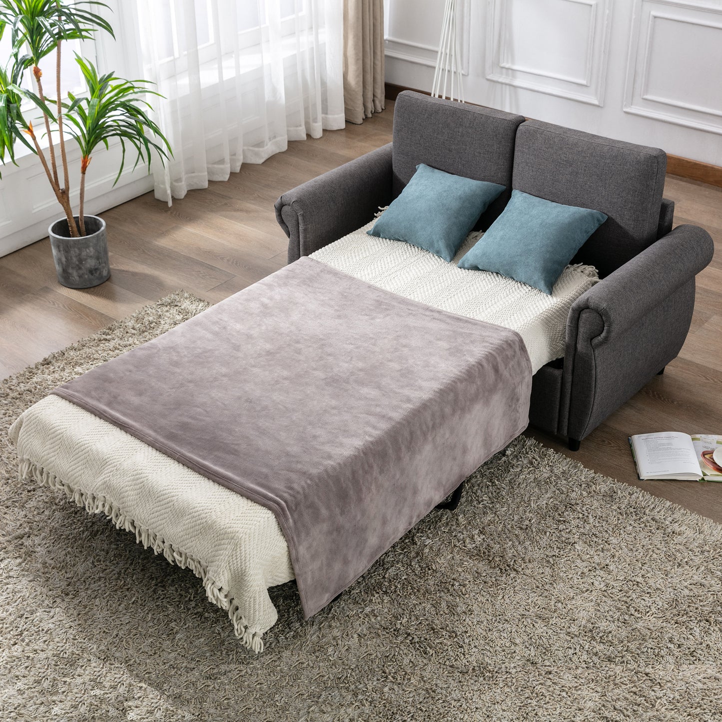 57.5 Orisfur Gray Loveseat Sleeper Sofa Bed with Memory Foam Mattress for Living Room Spaces