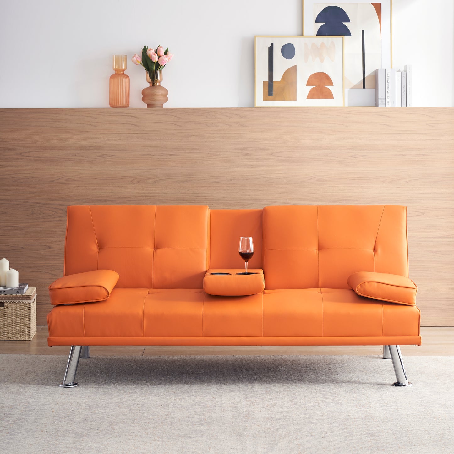 67 Orange Leather Multifunctional Double Folding Sofa Bed with Built-In Coffee Table