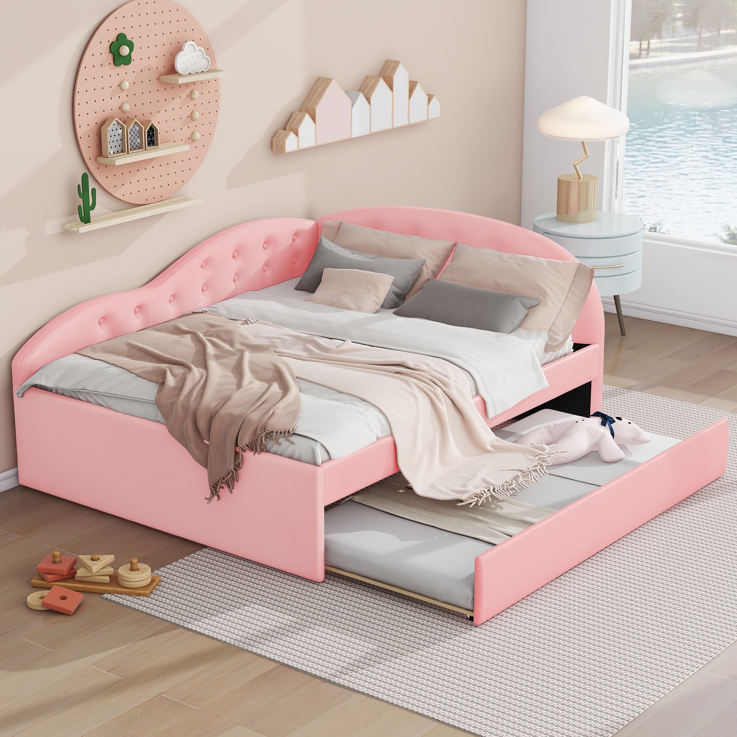 Full Size PU Upholstered Tufted Daybed with Trundle and Cloud Shaped Guardrail, Pink