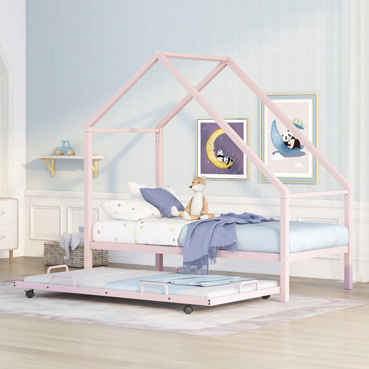 Metal House Bed With Trundle, Twin Size House Bed Pink