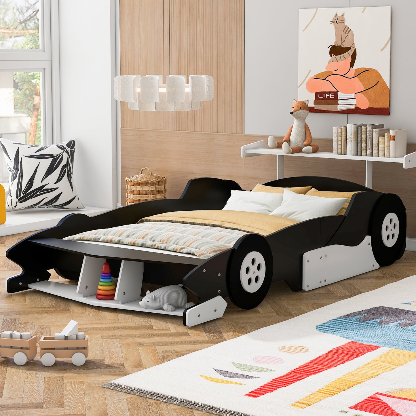 Full Size Race Car-Shaped Platform Bed with Wheels,Black