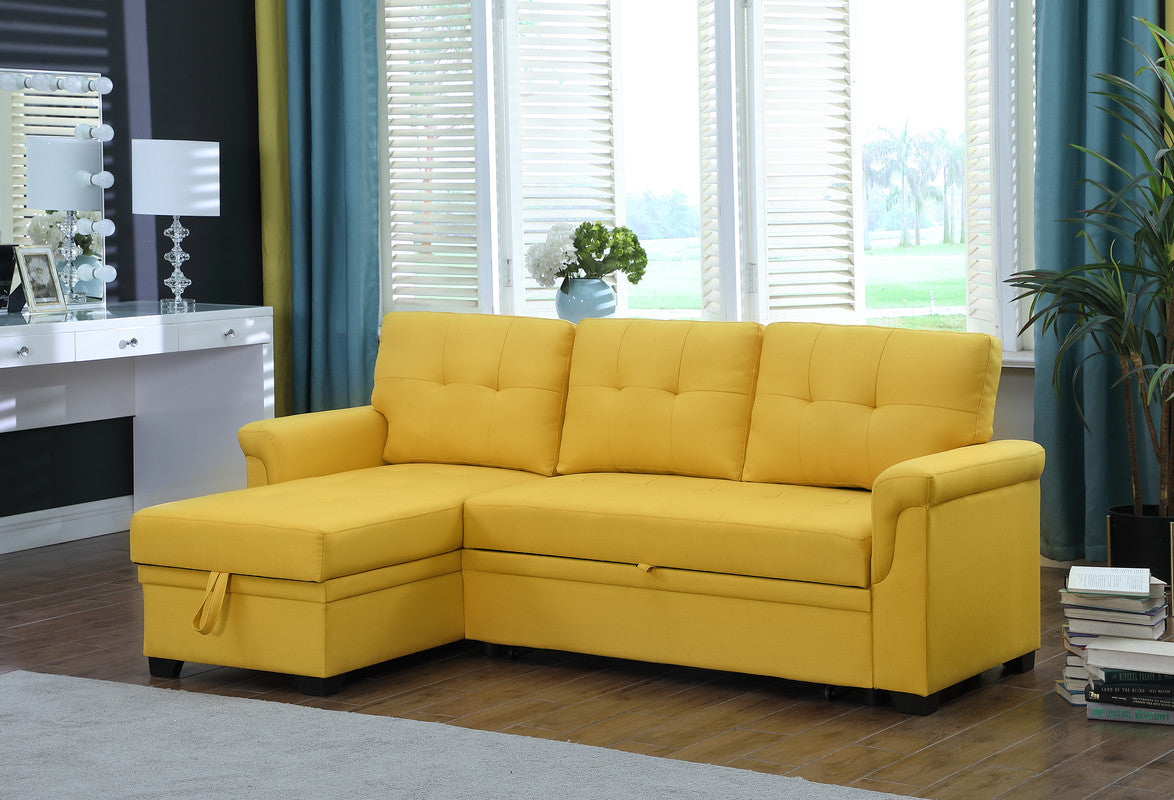 Lucca Yellow Linen Sleeper Sectional Sofa with Reversible Storage Chaise