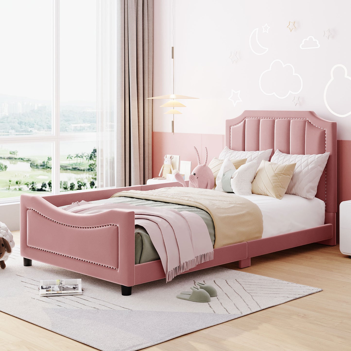 Twin Size Upholstered Daybed with Classic Stripe Shaped  Headboard, Pink