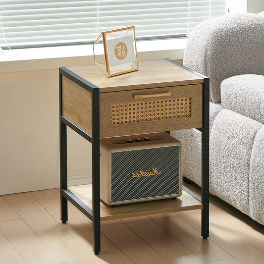 15.74" Rattan End table with  drawer, Modern nightstand, metal legs,side table for living room, bedroom,natural(1 pc)