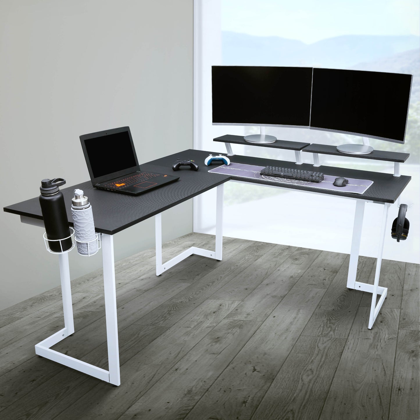 Techni Sport Warrior White L-Shaped Gaming Desk with Storage