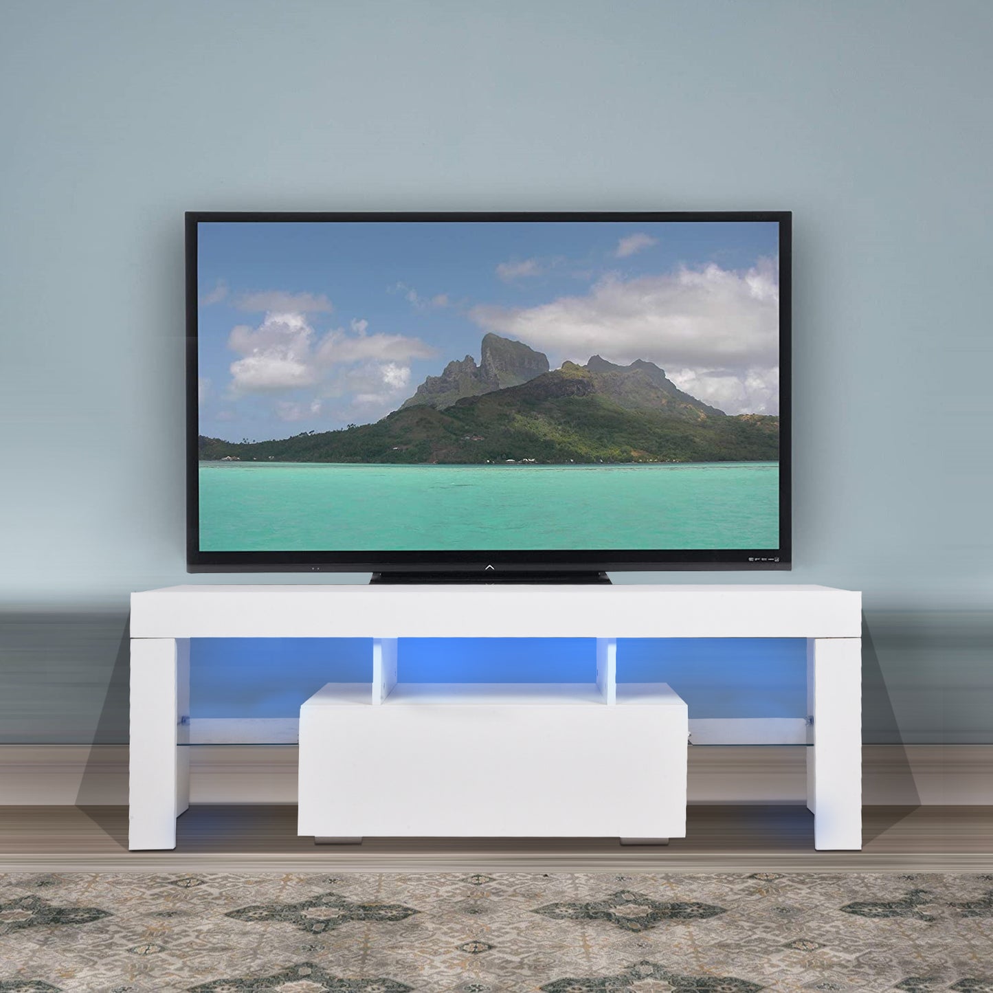 43-Inch White LED TV Stand with Color-Changing Lights and Spacious Storage