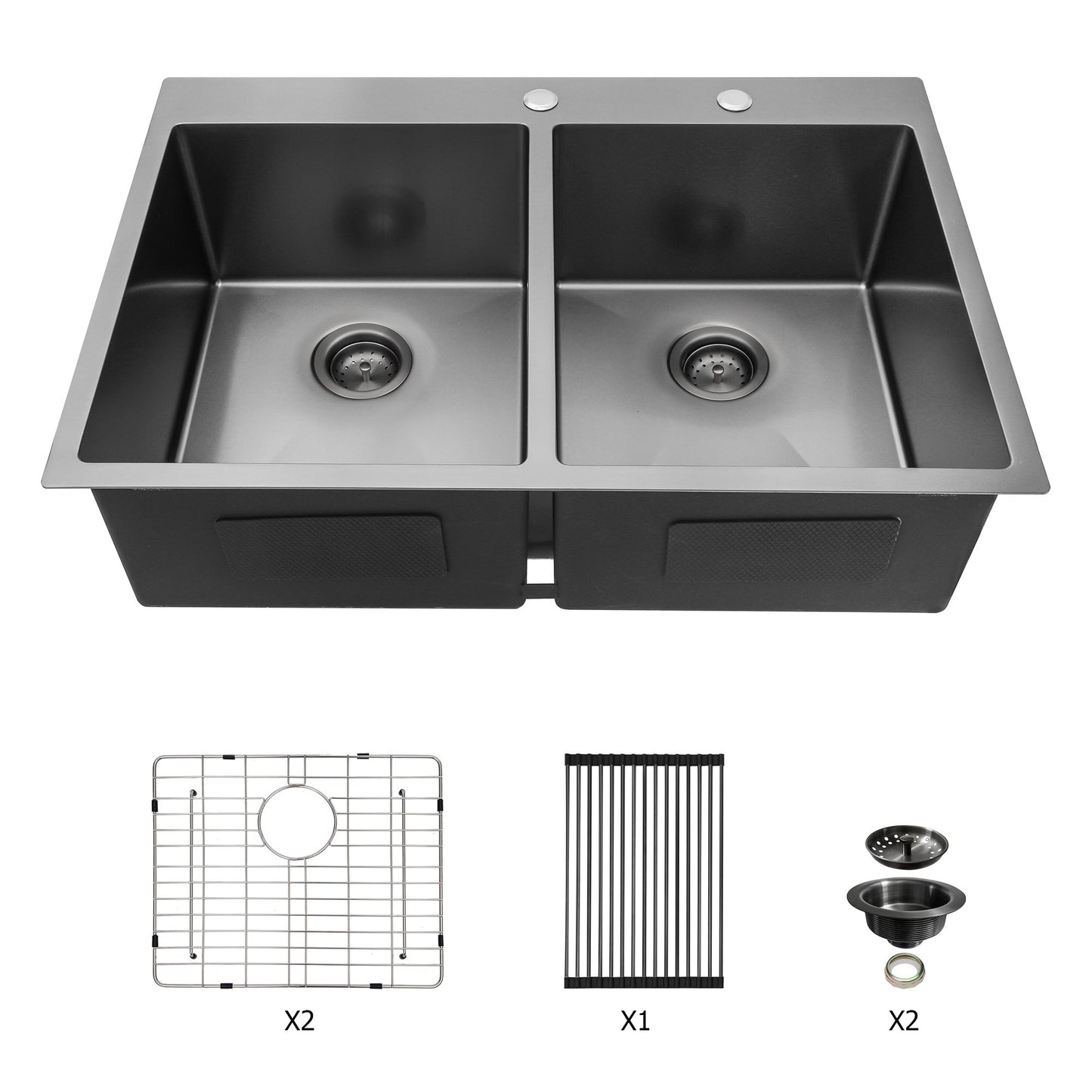 Gunmetal Black Stainless Steel Double Bowl Drop-In Kitchen Sink with 10 Deep Basin