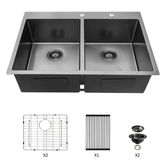 Gunmetal Black Stainless Steel Double Bowl Drop-In Kitchen Sink with 10 Deep Basin