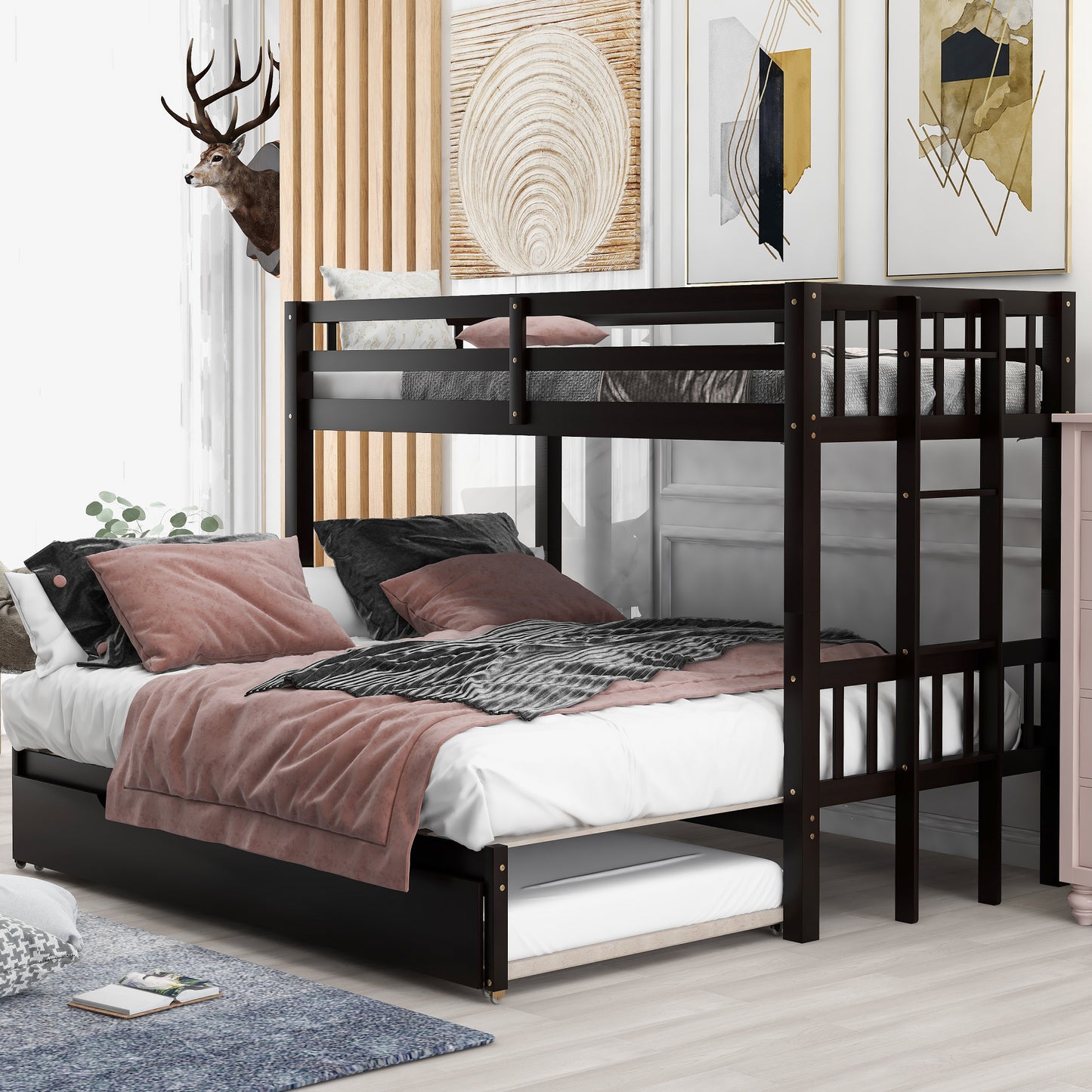 Compact Espresso Bunk Bed with Trundle and Pull-out Sleep Options