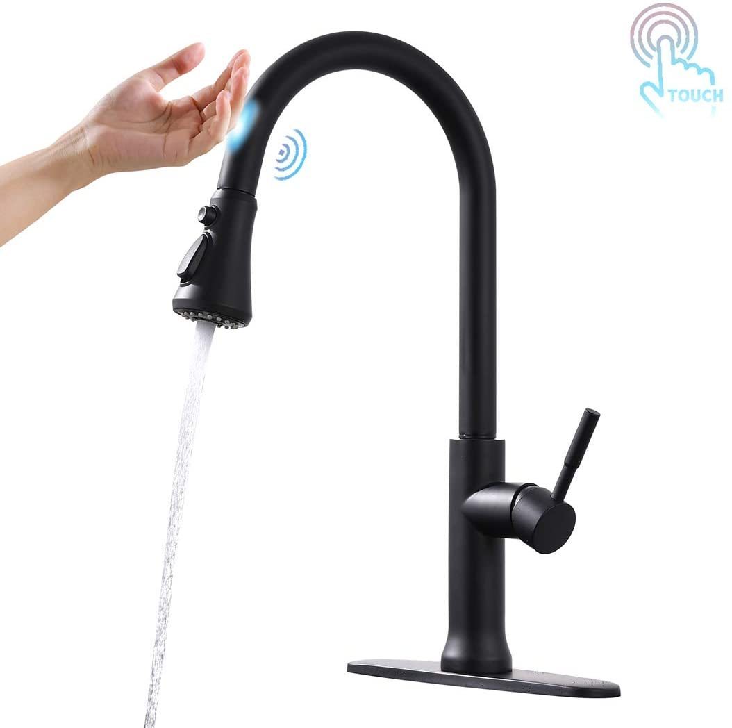 FLG Touch-On Kitchen Faucet with Pull Down Sprayer Single Handle Brass Touch Activated Kitchen Sink Faucet with 2-Way Pull Out Sprayer, Matte Black