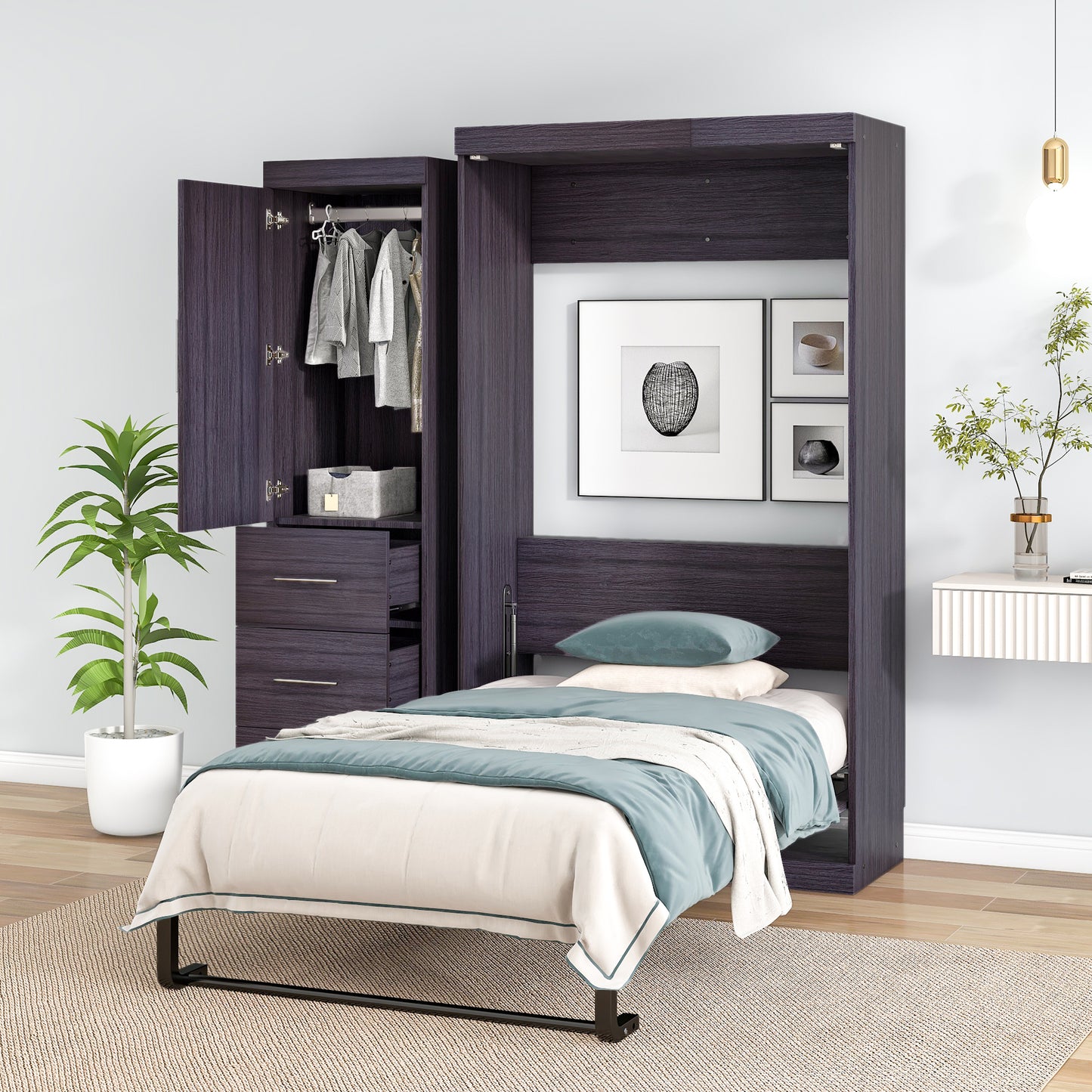 Twin Size Murphy Bed with Wardrobe and Drawers, Storage Bed, can be Folded into a Cabinet, Gray