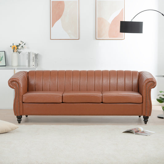 83.46 Elegant Brown Pu Rolled Arm Chesterfield Three Seater Sofa