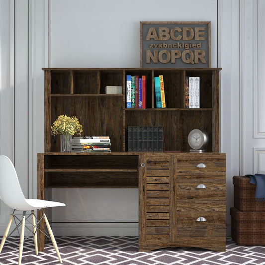 Brown Home Office Desk with Storage Drawers, Cable Management, and Hutch