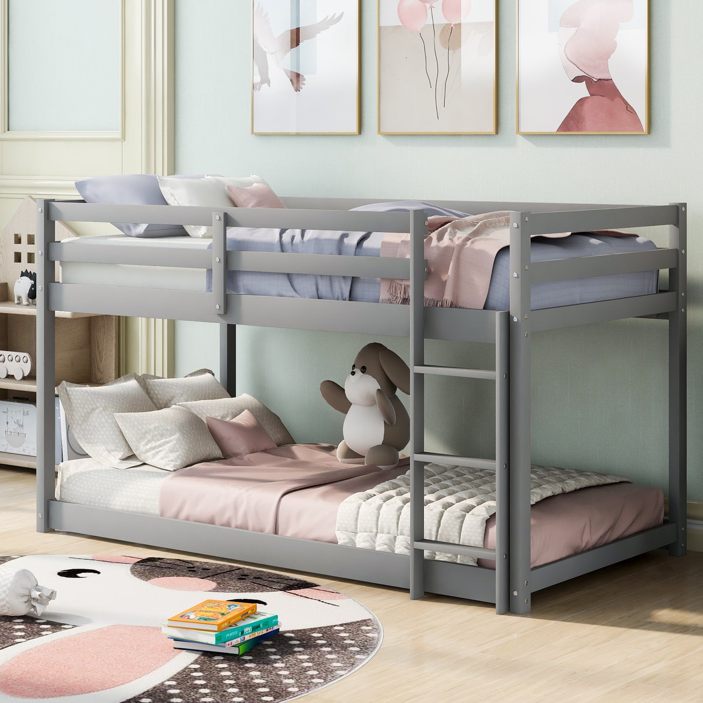 Gray Twin Bunk Bed with Low Floor Design