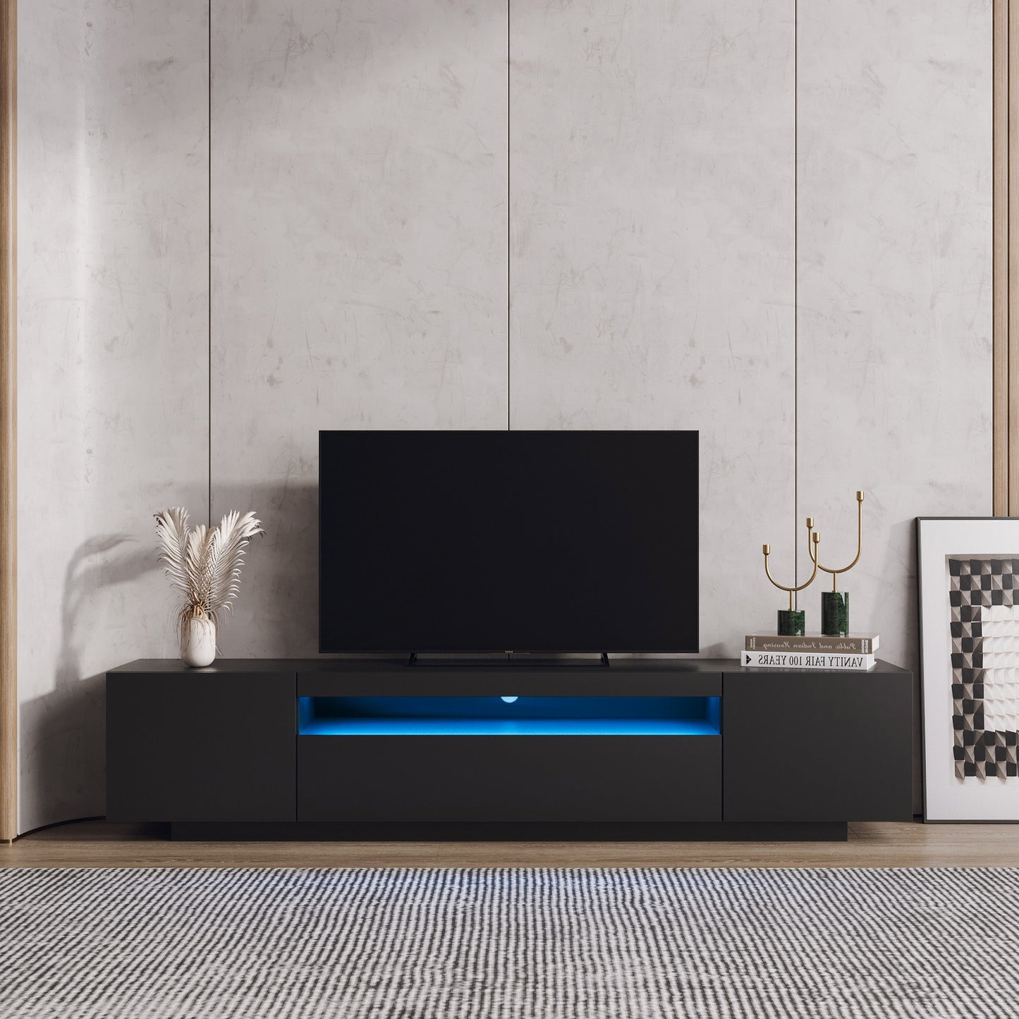 Sleek Black TV Stand with LED Lights and Storage Drawers