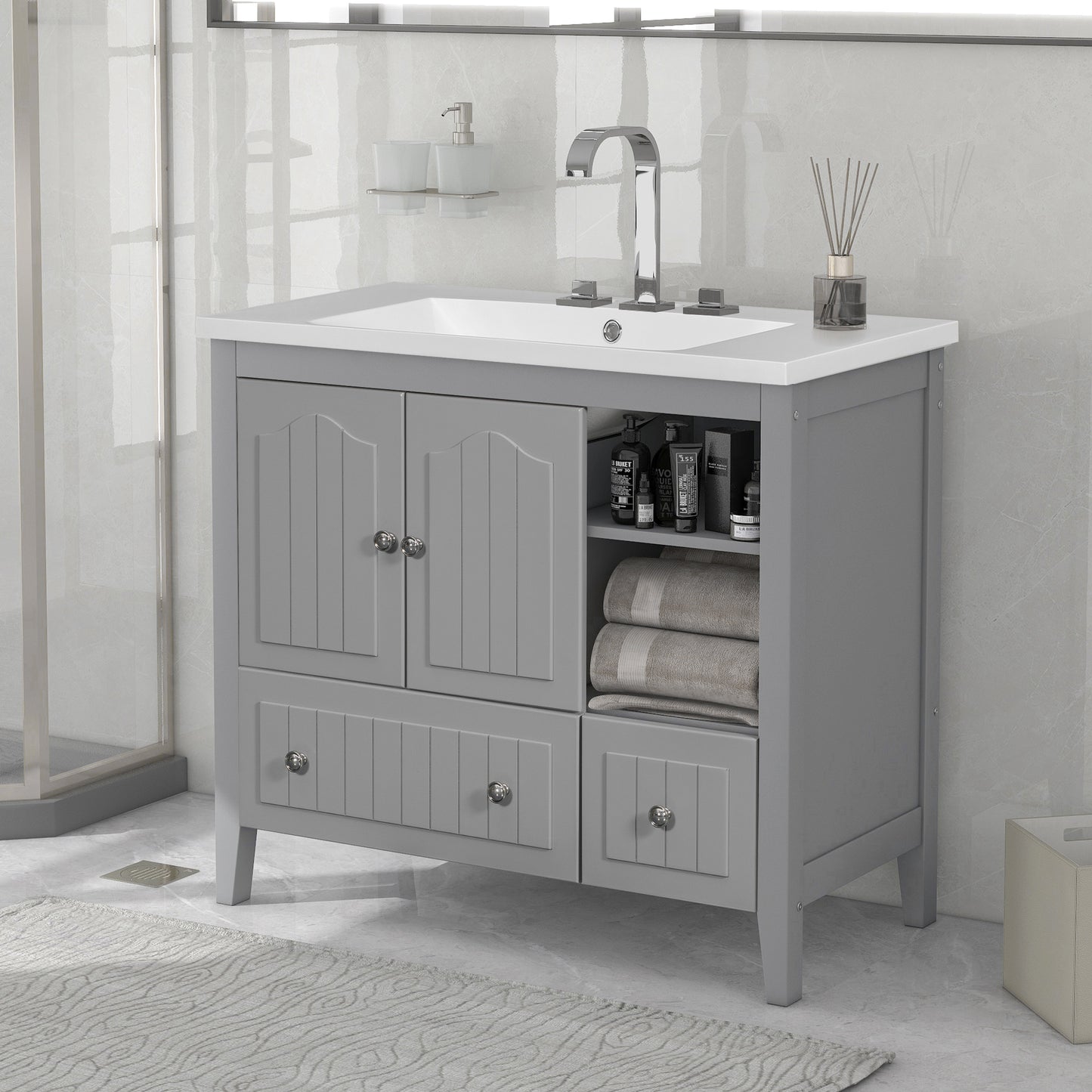 36" Bathroom Vanity with Ceramic Basin, Bathroom Storage Cabinet with Two Doors and Drawers, Solid Frame, Metal Handles, Grey