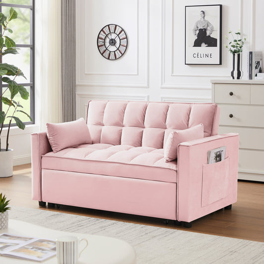 Modern Velvet Loveseat Futon Sofa Couch w/Pullout Bed, Small Love Seat Lounge Sofa w/Reclining Backrest, Toss Pillows, Pockets, Furniture for Living Room,3 in 1 Convertible Sleeper Sofa Bed,  pink