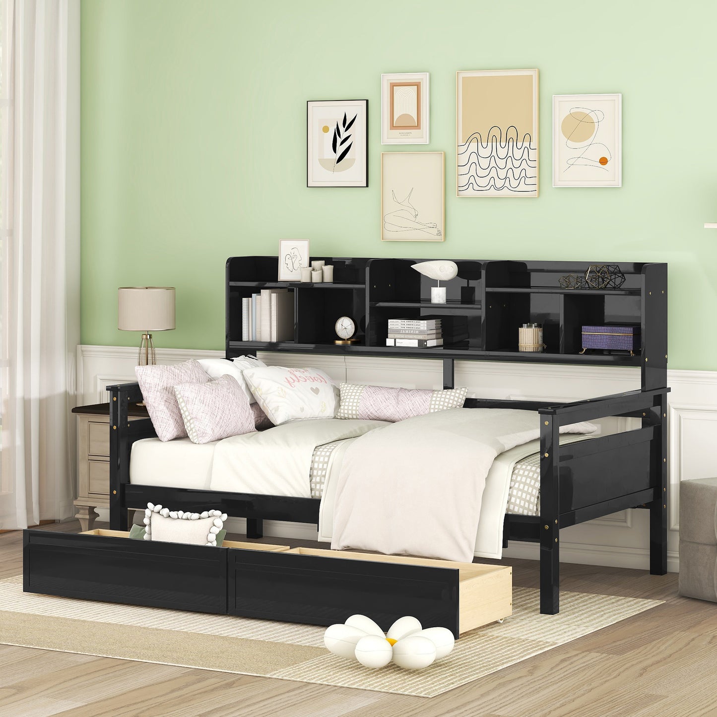 Twin size Daybed, Wood Slat Support, with Bedside Shelves and Two Drawers, Espresso