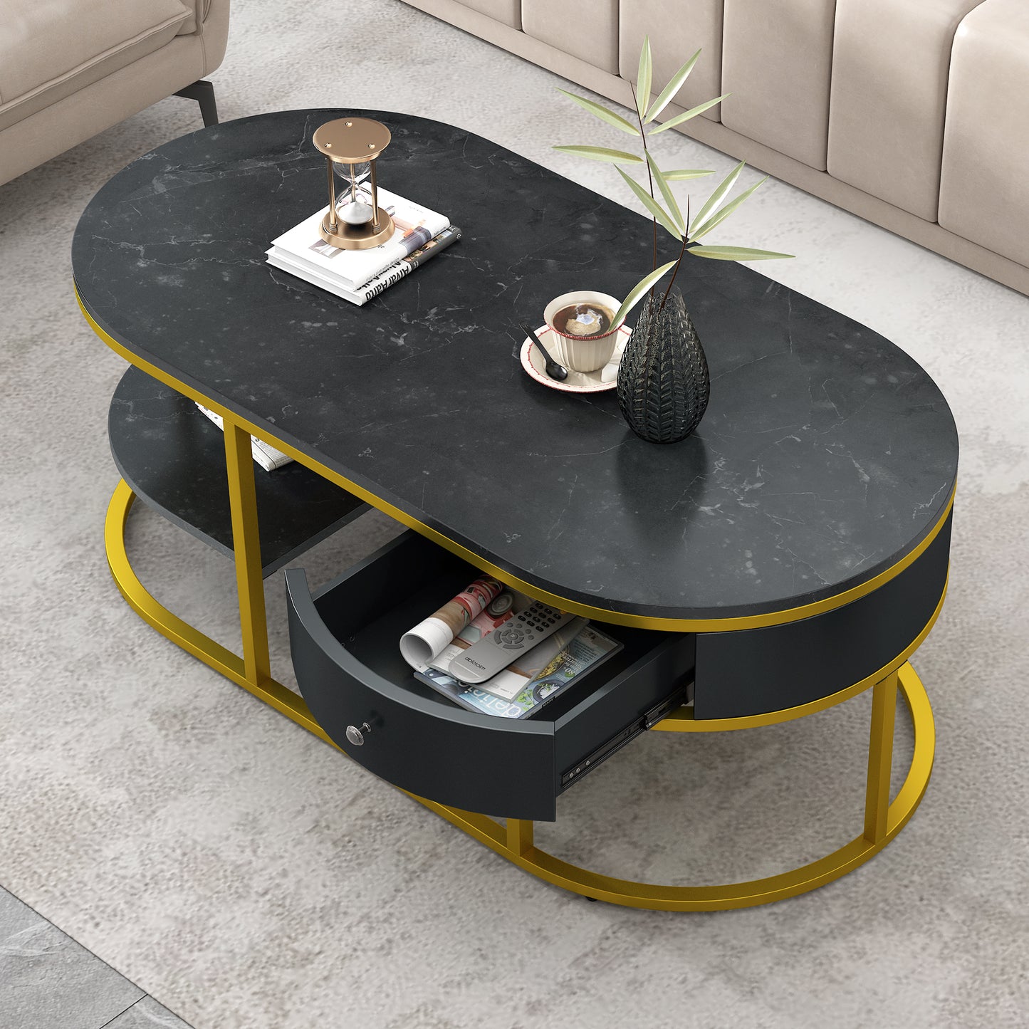 Golden Marble Coffee Table with Metal Frame, Drawers & Shelves for Living Room