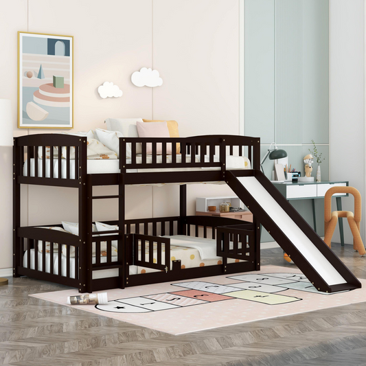 Twin Loft Bunk Bed with Slide, Fence, and Ladder in Espresso Finish for Kids and Teens