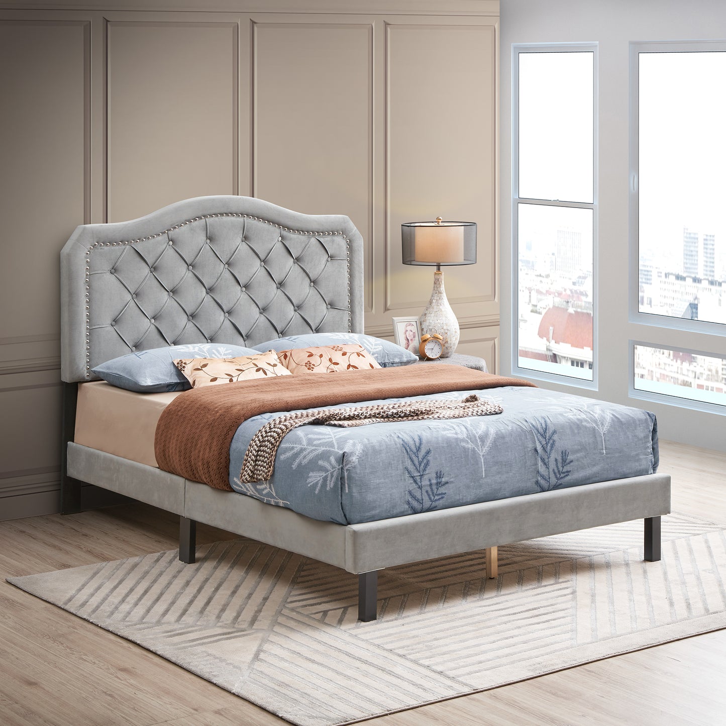 Upholstered Bed Button Tufted with Curve Design - Strong Wood Slat Support - Easy Assembly - Gray Velvet - platform bed - Queen