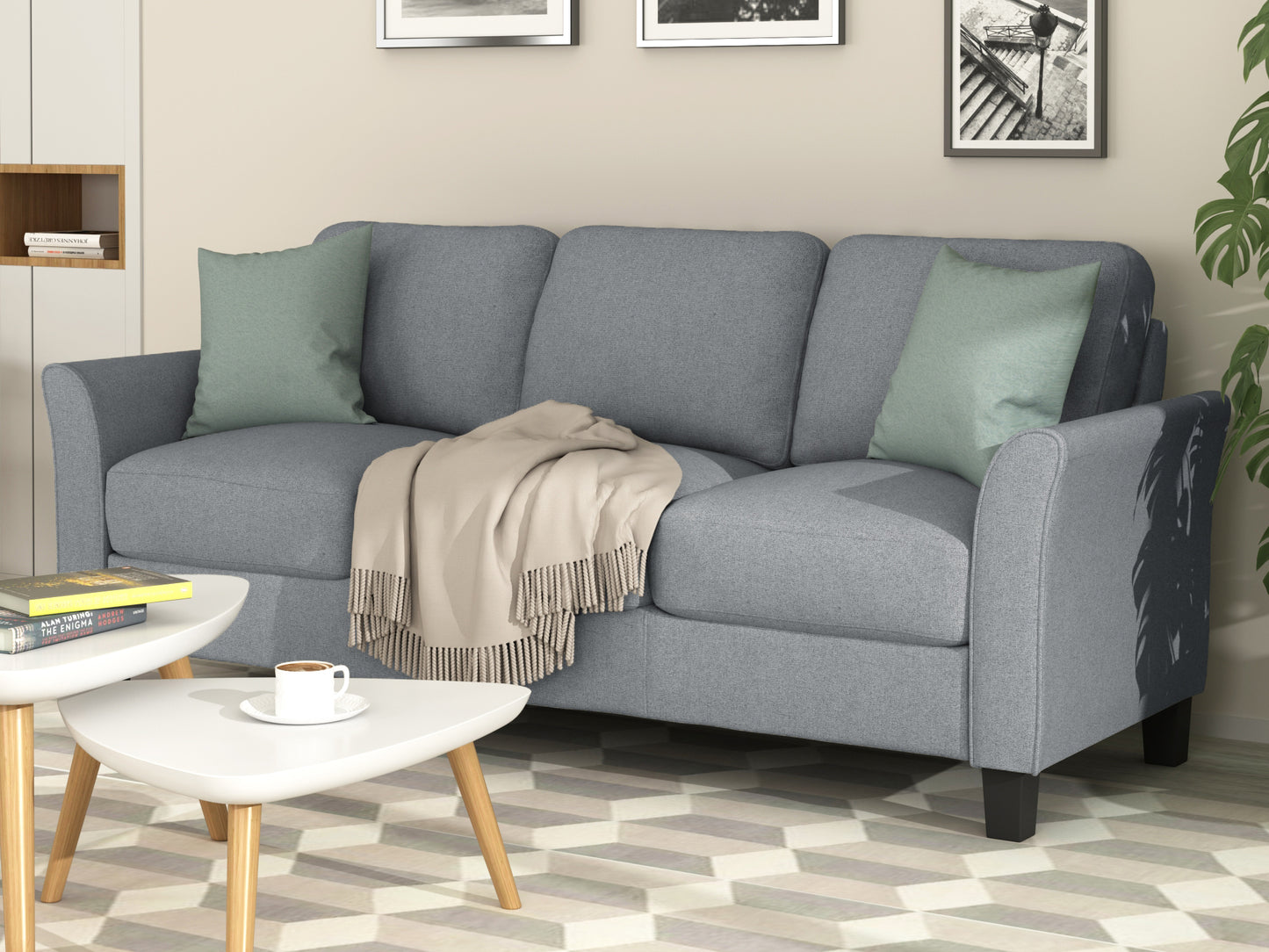 Gray 3-Seat Linen Fabric Sofa for Living Room